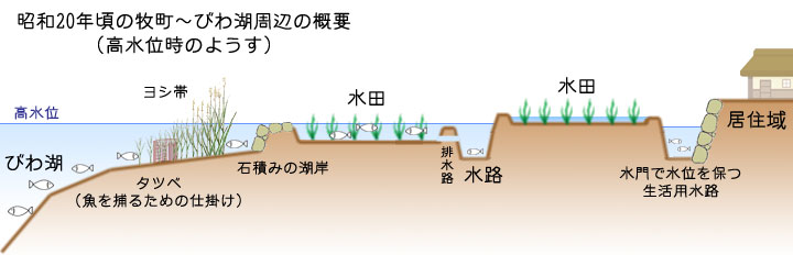 イラスト：昭和初期の牧町～びわ湖周辺の概要（高水位時のようす）
